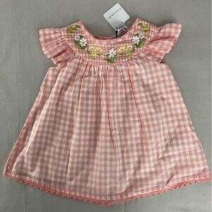 Tahari Gingham Dress Pink Embroidered Smocking Sleeveless Summer 12M NEW